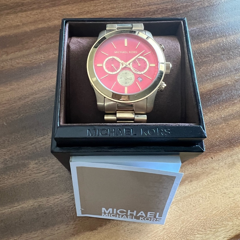 Michael Kors Gold Tone Watch with Red Dial